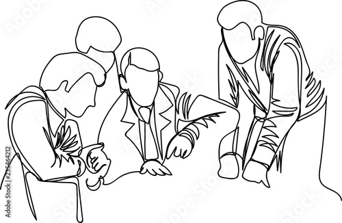 a group of people discuss the work. one line. outline vector © Olga Tik