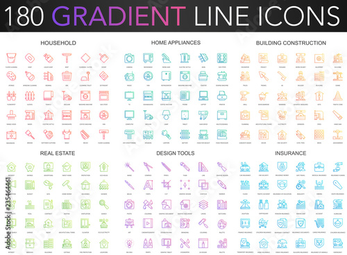 180 trendy gradient vector thin line icons set of household, home appliances, building construction, real estate, design tools, insurance icon.