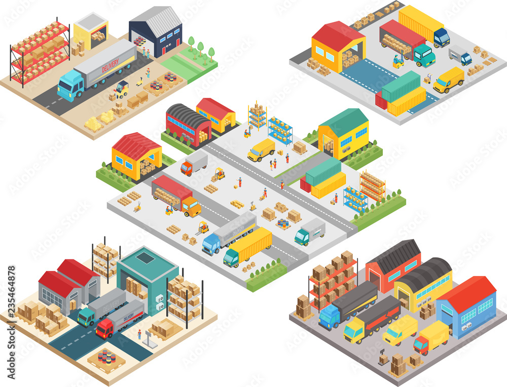 Warehouse isometric concept with workers, warehouse storage building, loading transport, delivery shipping boxes vector illustration. Warehouse isometric concept with workers, warehouse storage building, loading transport, delivery shipping boxes vector illustration.