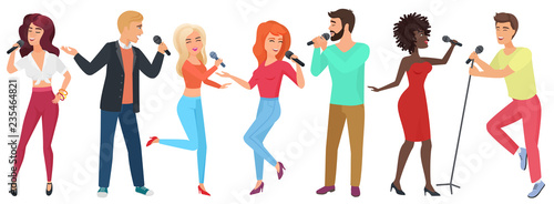 Young people stars with microphones singing and dancing. Girls and guys have fun in karaoke club vector illustration.