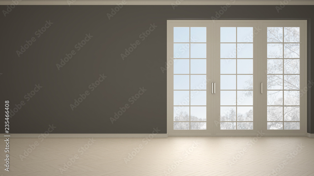Empty room interior design, open space with big panoramic window on winter meadow with snow and trees, parquet herringbone wooden floor, white and gray, modern contemporary architecture Empty room interior design, open space with big panoramic window on winter meadow with snow and trees, parquet herringbone wooden floor, white and gray, modern contemporary architecture