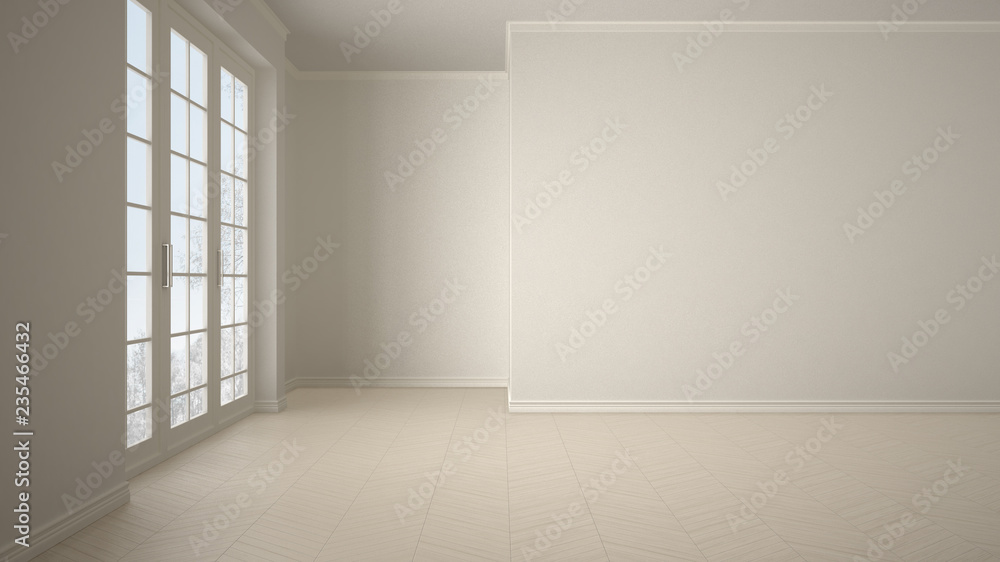 Fototapeta premium Empty room interior design, open space with big panoramic window on winter meadow with snow and trees, parquet herringbone wooden floor, white cream beige, modern contemporary architecture