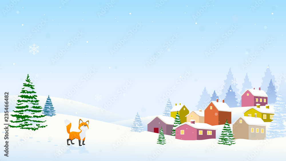 Cute fox with winter landscape vector illustration. Beautiful Christmas background.
