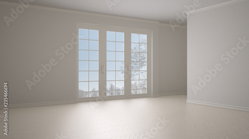 Empty room interior design, open space with big panoramic window on winter meadow with snow and trees, parquet herringbone wooden floor, white cream beige, modern contemporary architecture