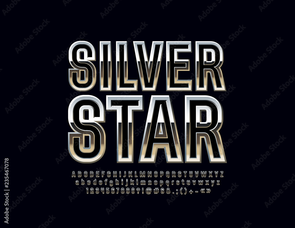 Silver Glossy Vector Set of Letters, Symbols and Numbers. Metallic gradient Font.