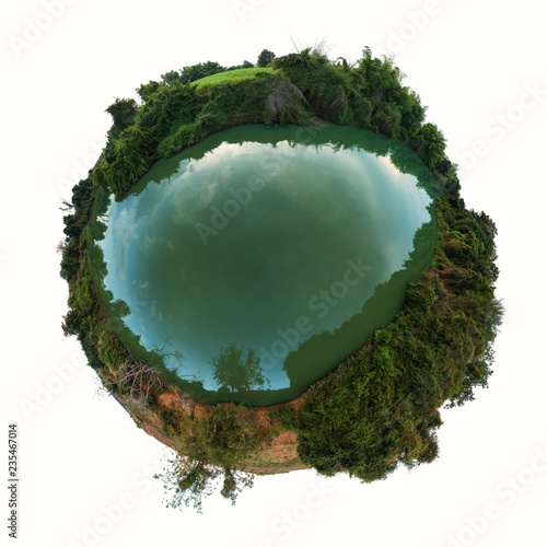 Schilderij op canvas little planet spherical panorama 360 degree view of river isolated on white background