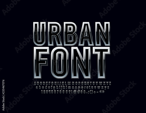 Vector Metallic Urban Font. Elegant Silver Alphabet Letters, Numbers and Symbols.