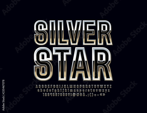 Silver Glossy Vector Set of Letters, Symbols and Numbers. Metallic gradient Font.