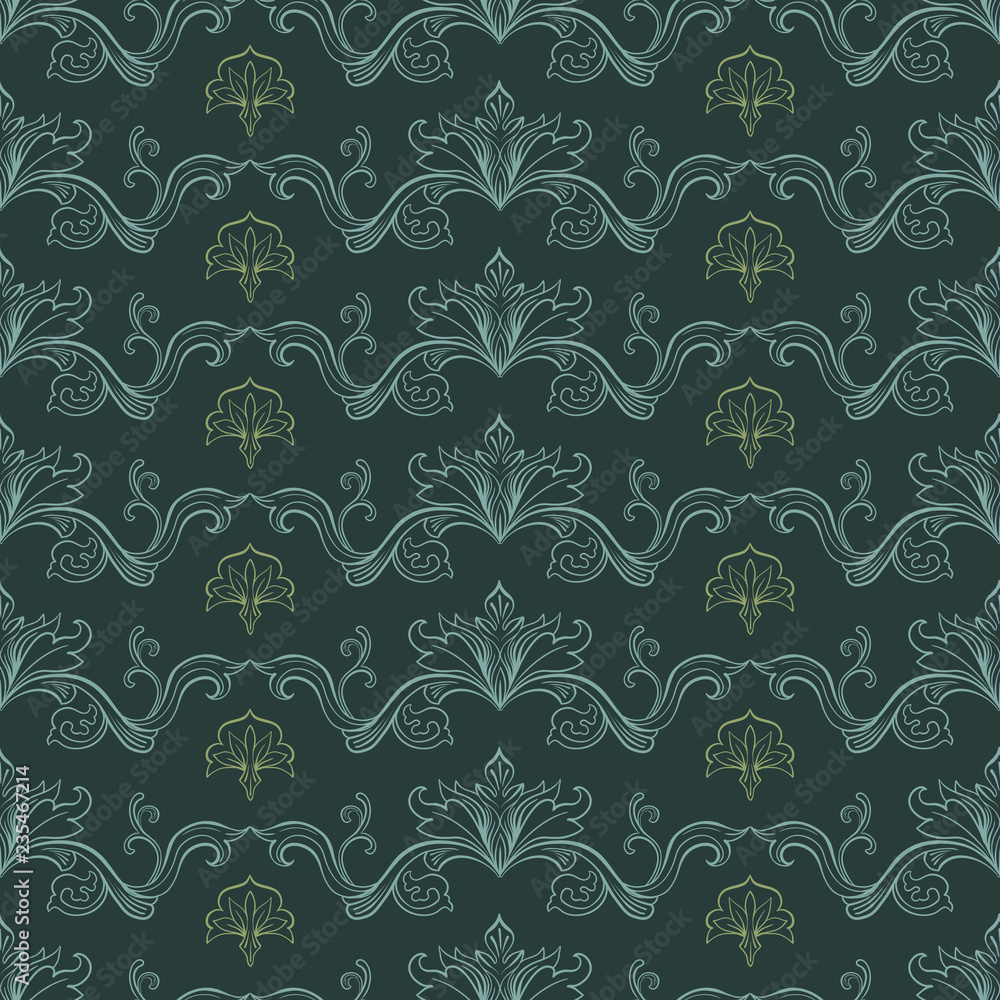Damask Vector Seamless Pattern. Vintage Style Wallpaper, Carpet or Wrapping Paper Design. Green and Golden Italian Medieval Floral Flourishes, Greek Flowers for Textures. Baroque Leaves