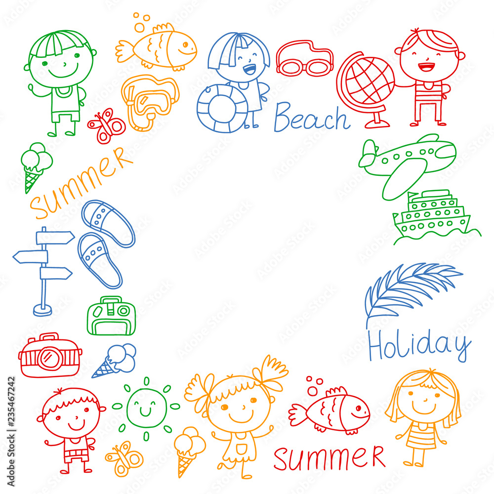 Vector pattern with children icons. Summer vacation at seashore, sea, ocean, beach. Small kids having fun.