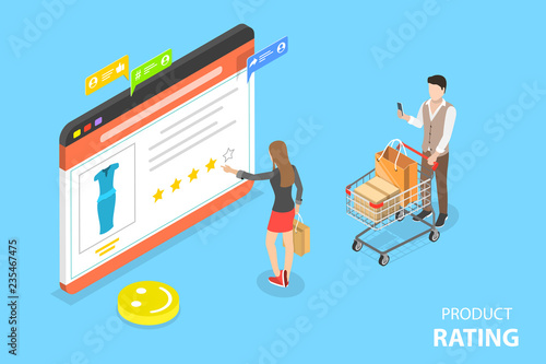 Isometric flat vector concept of product rating, customer feedback, opinion and review, online survey.