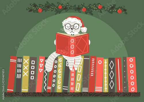 cat in Christmas hat reading book