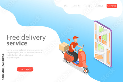 Isometric flat vector landing page template of delivery by scooter, courier service, goods shipping, food online ordering.