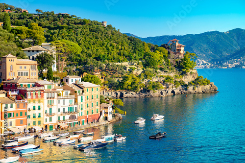 Beautiful sea coast with colorful houses in Portofino, Italy. Summer landscape