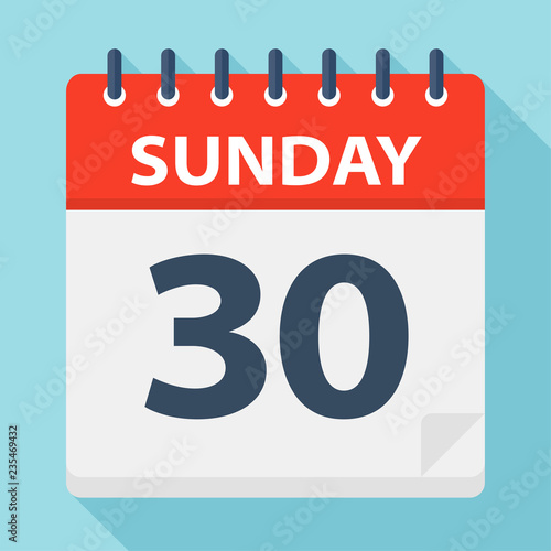 Sunday 30 - Calendar Icon. Vector illustration of week day paper leaf.