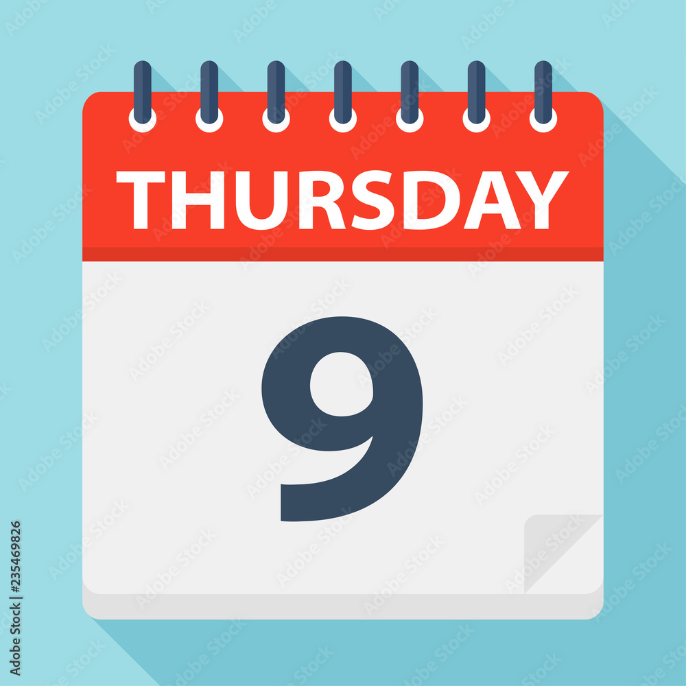 Thursday 9 - Calendar Icon. Vector illustration of week day paper leaf. Thursday 9 - Calendar Icon. Vector illustration of week day paper leaf.