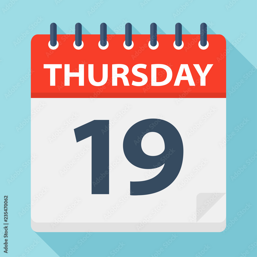 Thursday 19 - Calendar Icon. Vector illustration of week day paper leaf. Thursday 19 - Calendar Icon. Vector illustration of week day paper leaf.