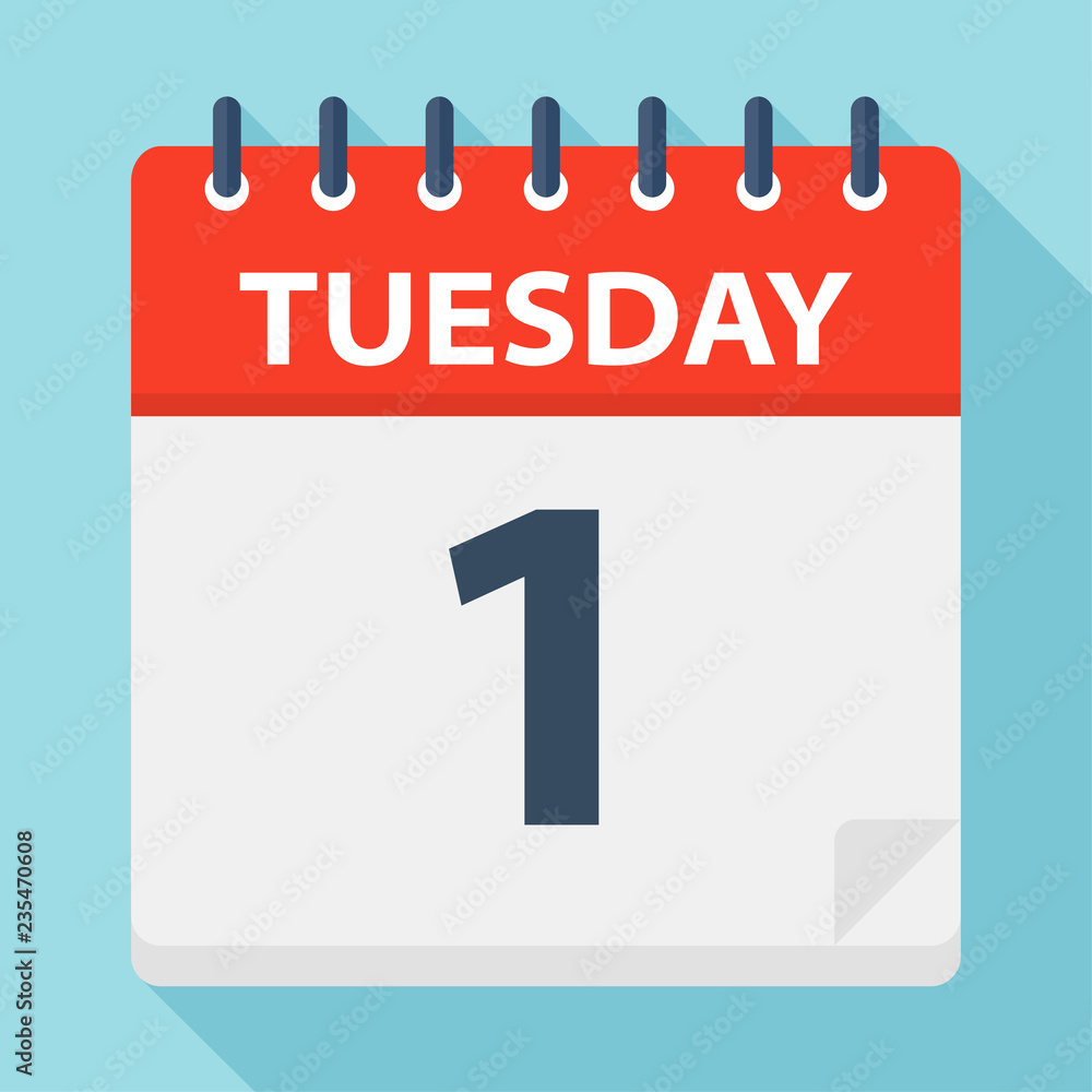 Tuesday 1 - Calendar Icon. Vector illustration of week day paper leaf. Tuesday 1 - Calendar Icon. Vector illustration of week day paper leaf.