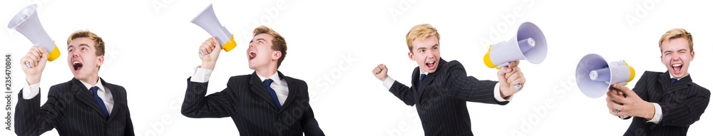 Young man with loudspeaker on white Young man with loudspeaker on white