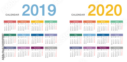 Colorful Year 2019 and Year 2020 calendar horizontal vector design template, simple and clean design. Calendar for 2019 and 2020 on White Background for organization and business. Week Starts Monday.