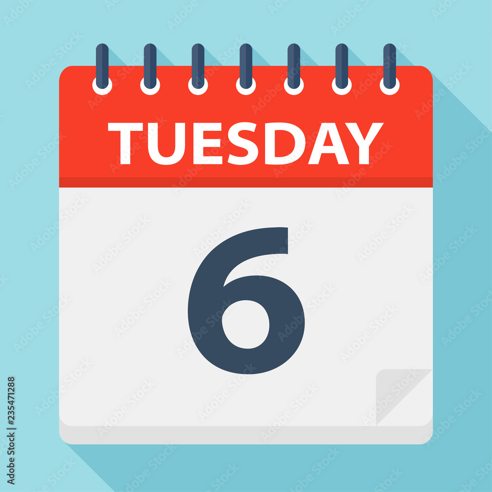 Tuesday 6 - Calendar Icon. Vector illustration of week day paper leaf. Tuesday 6 - Calendar Icon. Vector illustration of week day paper leaf.