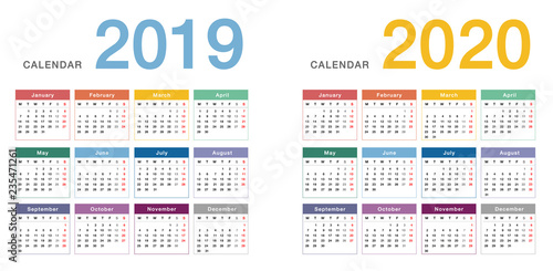 Colorful Year 2019 and Year 2020 calendar horizontal vector design template, simple and clean design. Calendar for 2019 and 2020 on White Background for organization and business. Week Starts Monday.