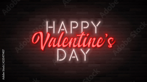 Happy Valentine's Day neon banner template. Color card design with 3d glowing neon letters. Vector illustration with light banner.