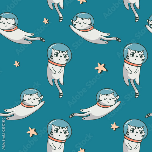 seamless pattern with Cute cartoon Space Cat set. colorful trendy vector illustration of cat in space suit