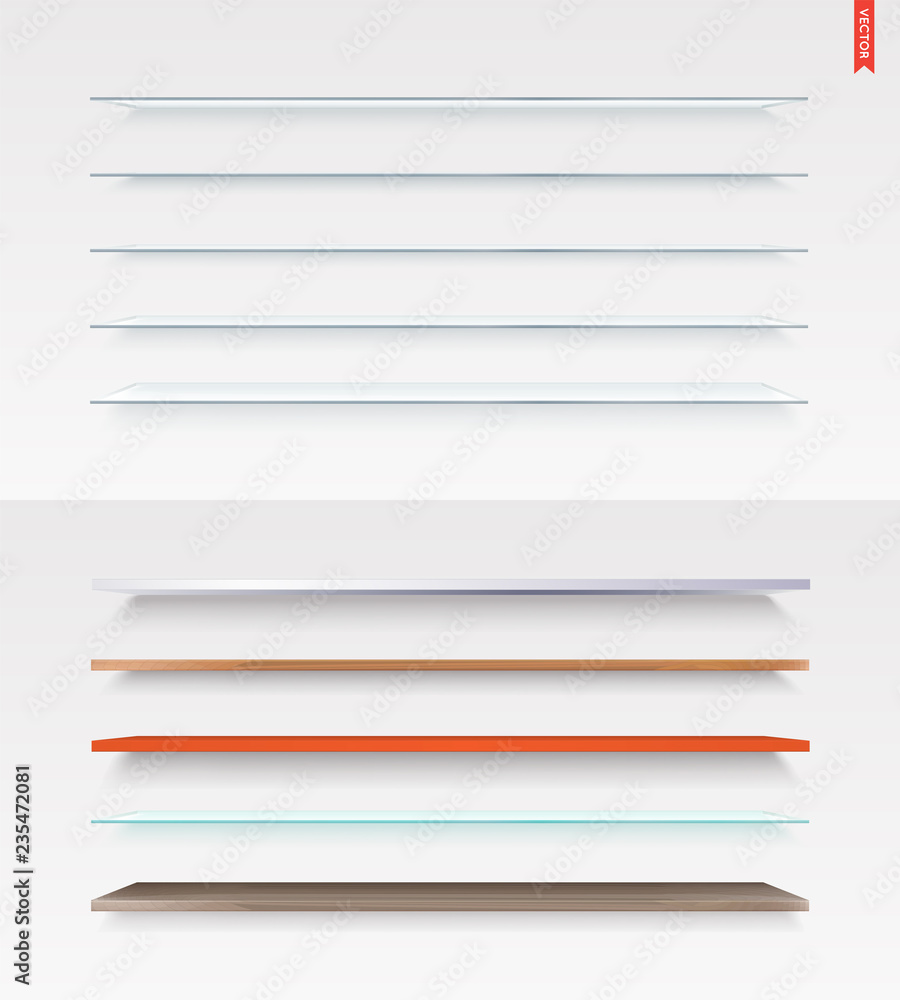 Set of Glass, Wood, Plastic, Metal Long Shelves in Vector Isolated on the Wall Background