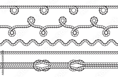 Set of rope border. Tying the knot. Sailor knot and rope swirl. Isolated on white background. Graphic design vector element for wedding invitations, baby shower, birthday card, scrap-booking etc.