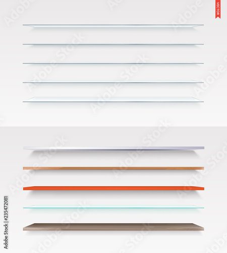 Set of Glass, Wood, Plastic, Metal Long Shelves in Vector Isolated on the Wall Background