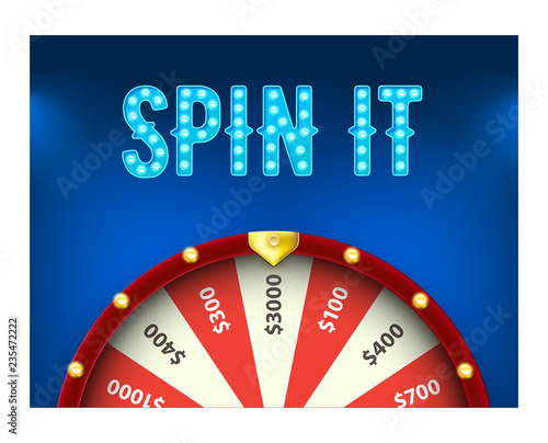 Vector Wheel of fortune 3d object isolated on blue background with text Spin it
