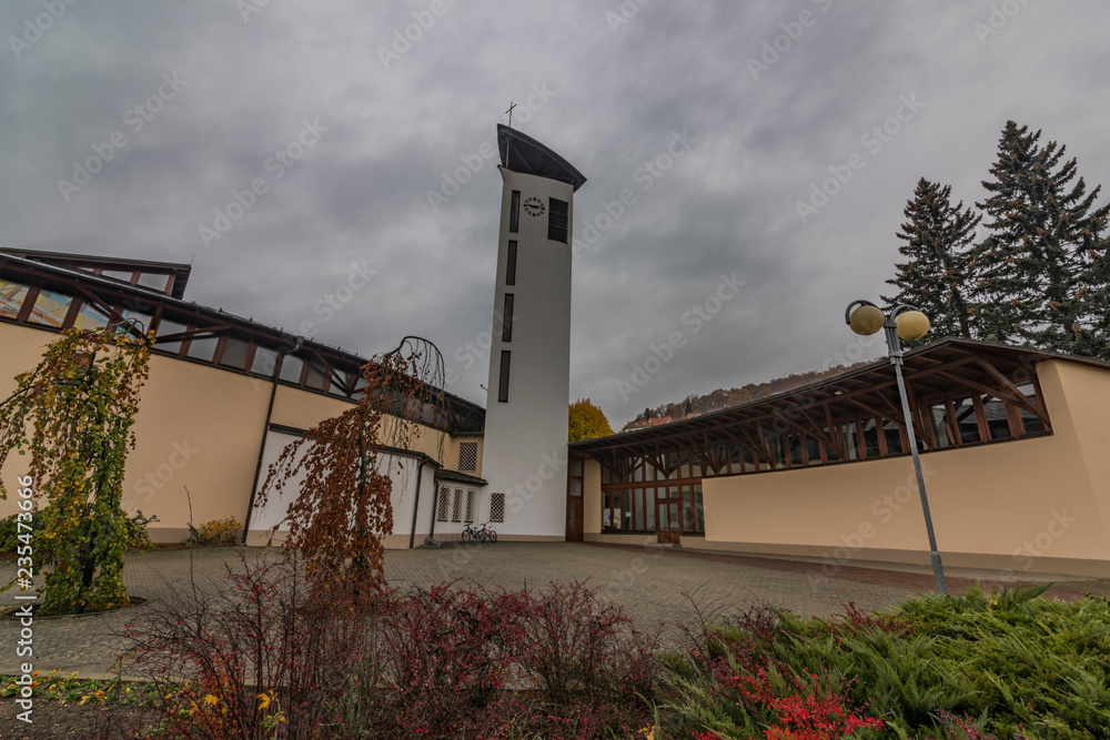 Modern church in Luhacovice spa town in autumn hot morning Modern church in Luhacovice spa town in autumn hot morning