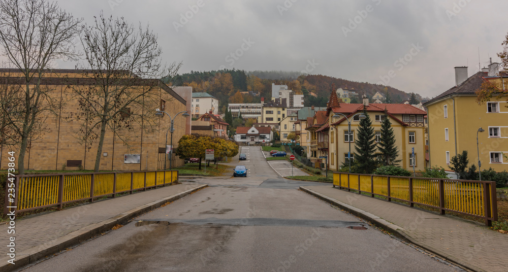 Fototapeta premium Houses in Luhacovice spa town in autumn hot morning