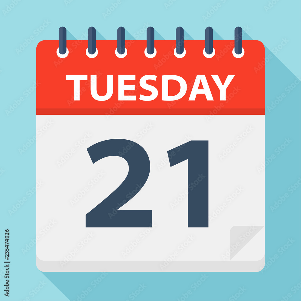Tuesday 21 - Calendar Icon. Vector illustration of week day paper leaf.