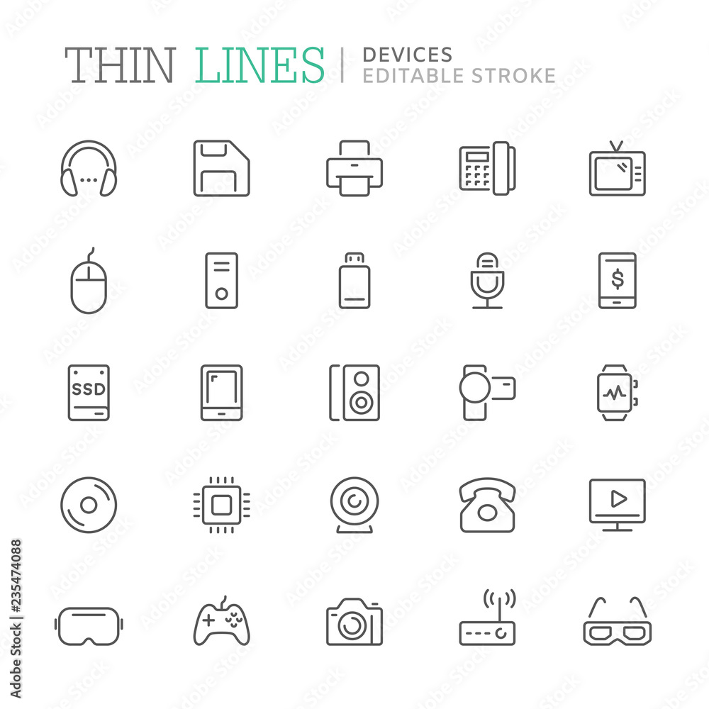 Collection of devices related line icons. Editable stroke Collection of devices related line icons. Editable stroke