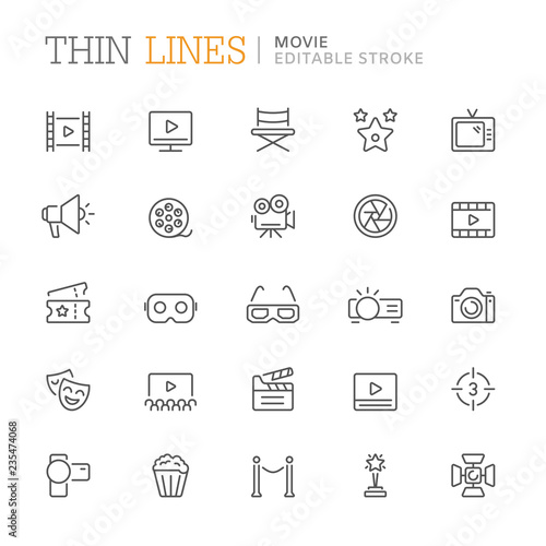 Collection of movie related line icons. Editable stroke