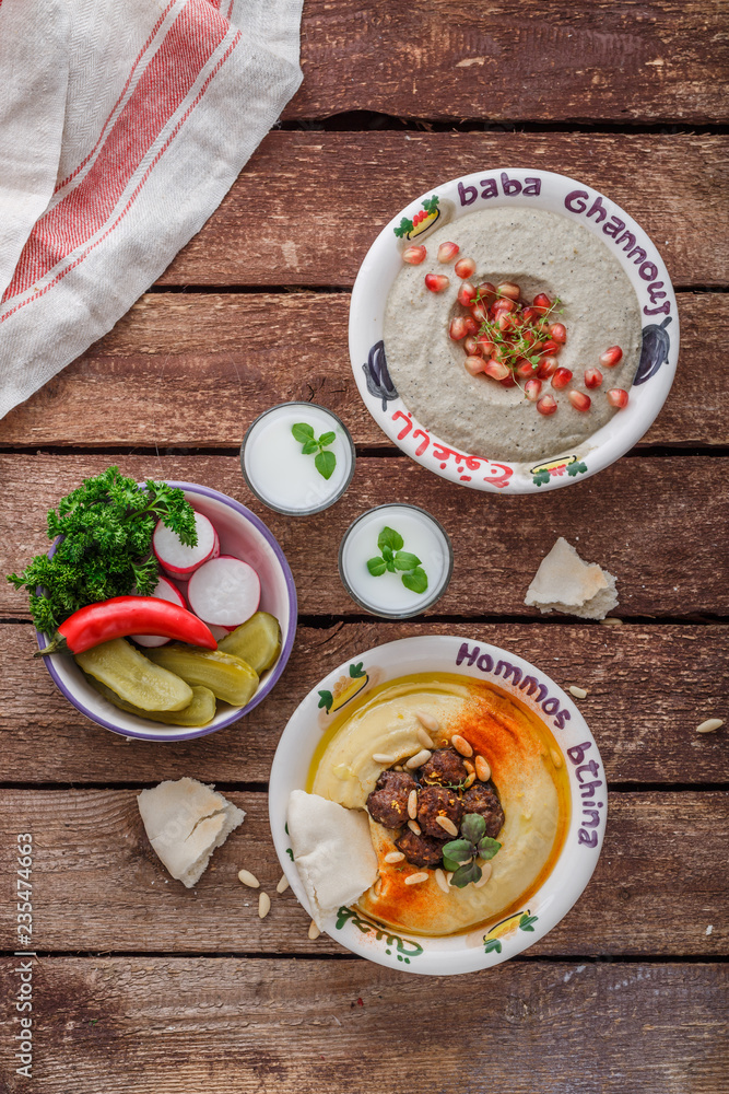 Homemade hummus and babaganoush, top view flat lay Homemade hummus and babaganoush, top view flat lay