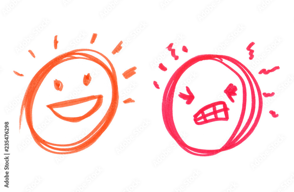 Set of two faces: cheerful and angry painted in highlighter felt tip pen on clean white background Set of two faces: cheerful and angry painted in highlighter felt tip pen on clean white background