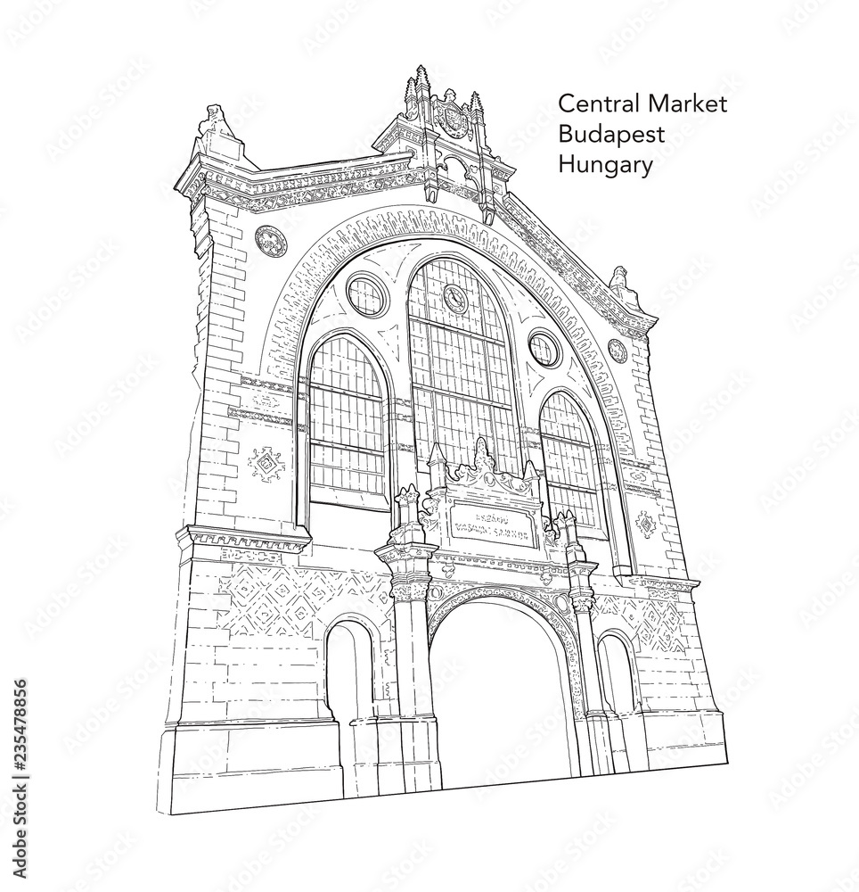 Digital hand drawn architecture sketch illustration of  Central Market, Budapest, Hungary with title isolated on white