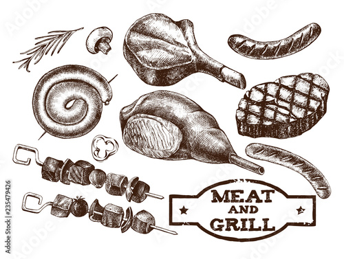 Ink hand drawn set of meat products and grilled dishes. Food elements collection. Vector illustration.