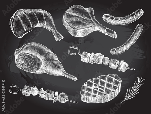 Ink hand drawn set of meat products and grilled dishes. Food elements collection. Vector illustration.
