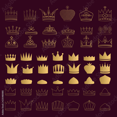 Set of golden crown icons. Vector isolated illustration. Hand drawn luxury drawing.