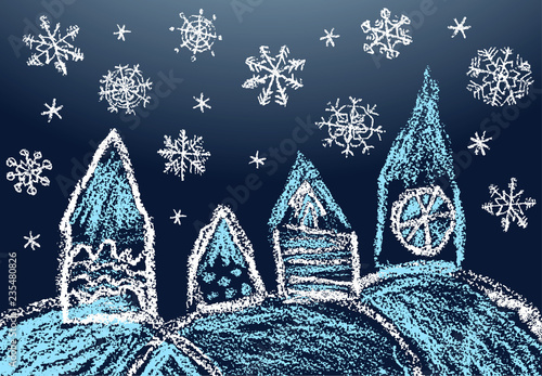 Village christmas landscape in snowfall. Like kids hand drawn crayon or pencil house in falling snowflakes. City town like child's drawing doodle cozy hut. Vector holiday night winter background style