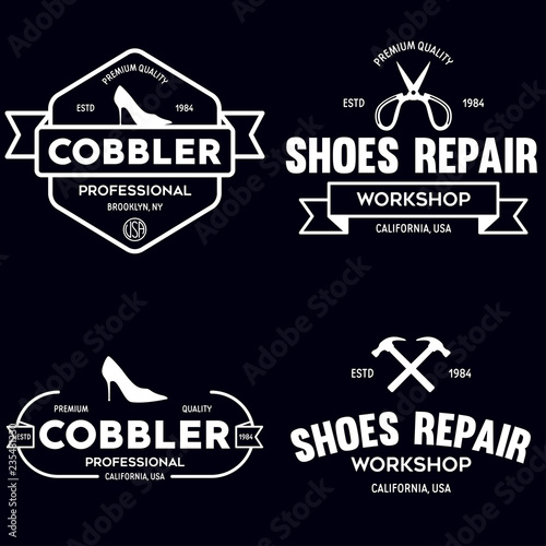 Vector set of vintage logos, labels, badges, emblems or logotypes elements for shoemaker, shoes shop and shoes repair.