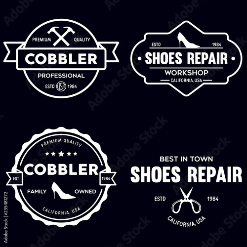 Vector set of vintage logos, labels, badges, emblems or logotypes elements for shoemaker, shoes shop and shoes repair.