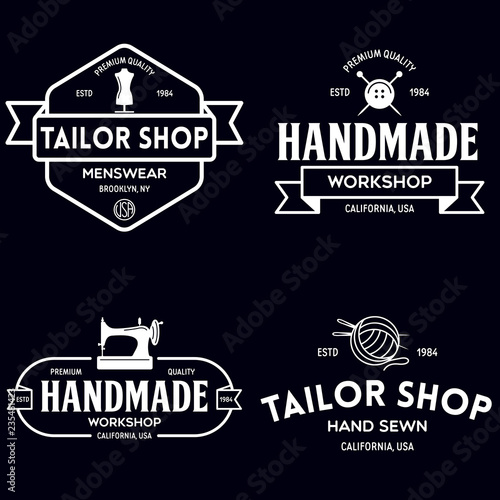 Set of vintage sewing and tailor labels, badges, design elements and emblems. Tailor shop old-style logo.