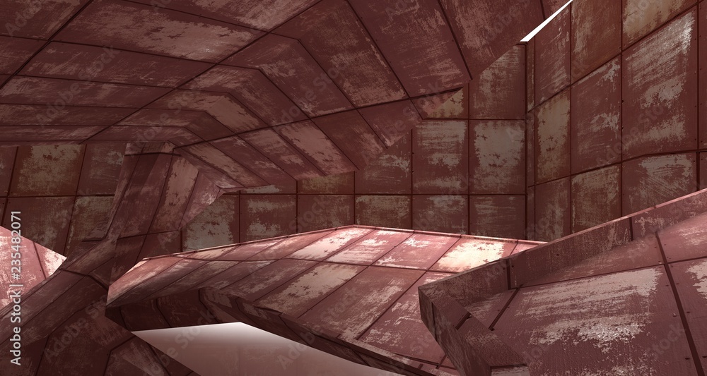 Empty abstract room interior of sheets rusted metal. Architectural background. 3D illustration and rendering Empty abstract room interior of sheets rusted metal. Architectural background. 3D illustration and rendering