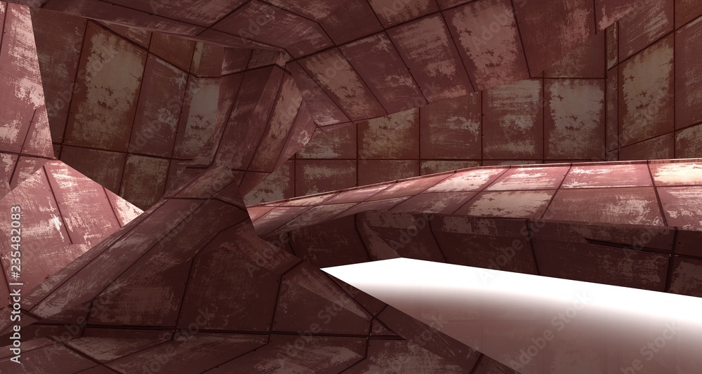 Empty abstract room interior of sheets rusted metal. Architectural background. 3D illustration and rendering Empty abstract room interior of sheets rusted metal. Architectural background. 3D illustration and rendering
