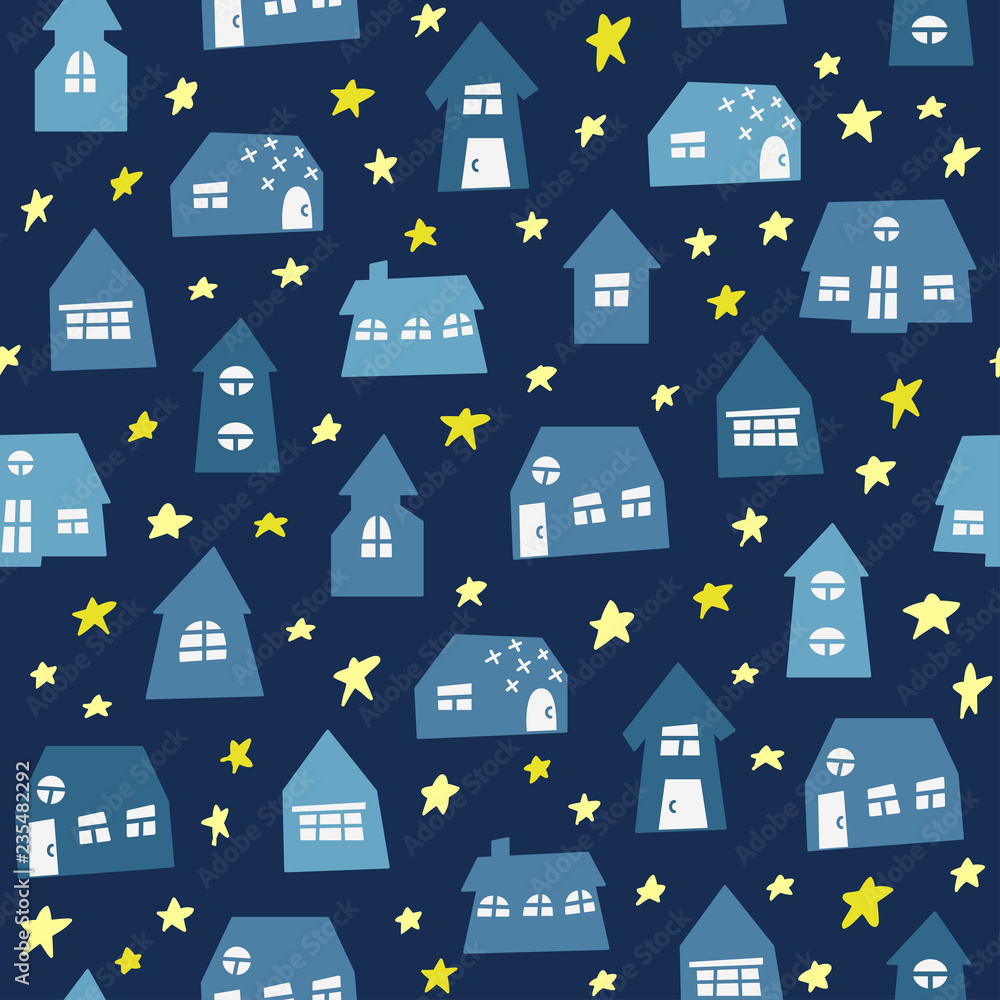 Obraz premium Doodle hand drawn town with plants seamless pattern. Abstract wallpaper. Vector illustration for your cute design.